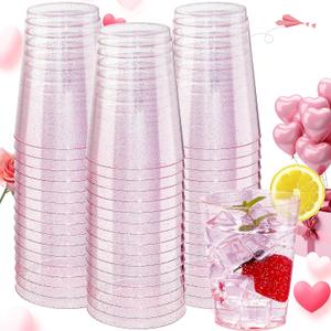 DaYammi 100 Pack 10oz Pink Plastic Cups, Premium Disposable Rose Gold Glitter Plastic Cups for Martini and Cocktail,Disposable Cup with Pink Glitter Perfect for Party Wedding Mother's Day