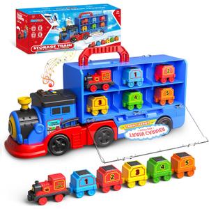 Toys for 3 4 5 6 Year Old Boys for Kids Girl Boy Toys,2-in-1 Toddler Toy Trucks Christmas Train Set with Light & Sounds Include 1 Transport Toy Trucks,6 Magnetic Trains