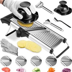 Adjustable Mandoline Slicer for Kitchen, stainless Mandolin Food SlicerPotato/Tomato/Carrot/Vegetable/Fruit/Onion Cutterwith Vegetable Peeler, Corn Peeler, Cut Resistant Gloves, Cleaning Brush.