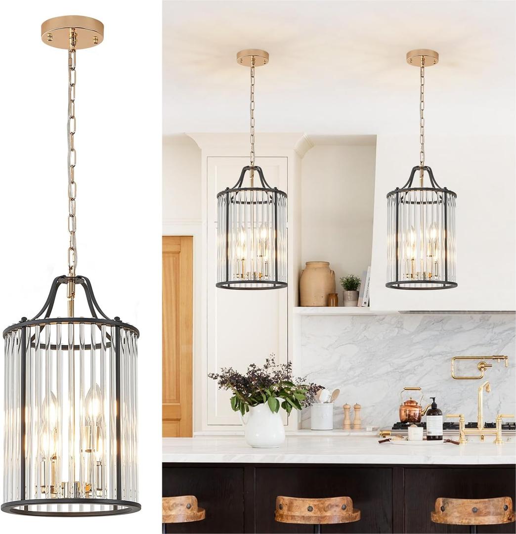 Black Gold Pendant Light Modern Glass Small 4-Light Pendant Chandelier 9.8'' for Kitchen Island Industrial Cage Ceiling Hanging Lighting for Dining Room Entryway Hallway