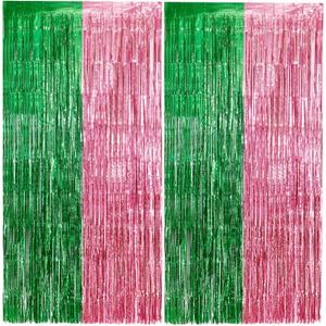 2 Pack Pink and Green Party Decorations Tinsel Foil Fringe Backdrop 3.3x6.6, Wicked Party & Halloween Streamer, Durable Metallic Tassel Create Photo Booth & Entrance