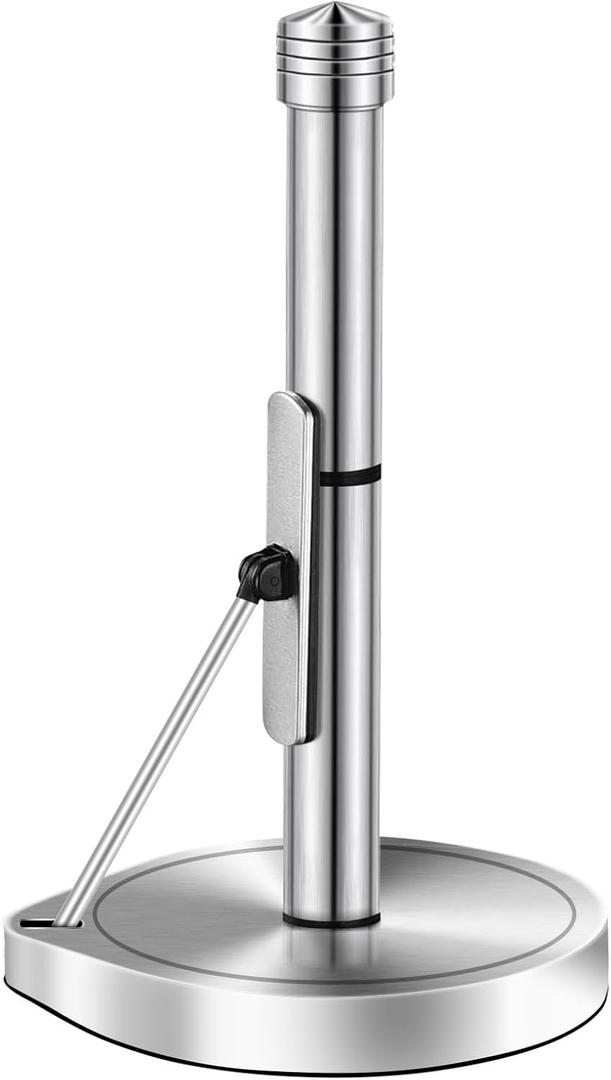 AIDEA Paper Towel Holder Countertop, One-Handed Operation Paper Towel Holder Stand for Kitchen and Bathroom, Spring Arm for Easy Tear, Stainless Steel Paper Towel Dispenser with Weighted Base, Silver