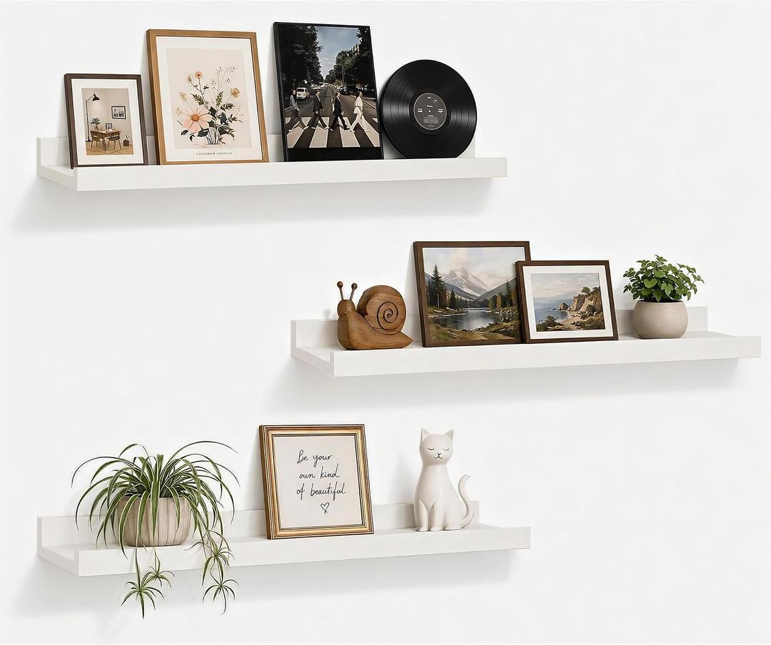 24inch Long Floating Shelves for Wall Decor, 3-Set Shelves with Lip, White