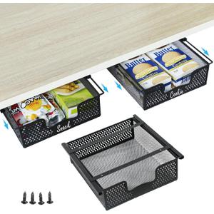 Hanging Pullout Drawer Organizer, Sliding Under Shelf Storage, Under Cabinet Storage Organizer - Wire Basket Attaches to Shelf, Space Saving for Kitchen Counter Pantry Cupboard - 3 Pack