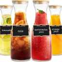 Set of 4 Circular Glass Carafe, 1 Liter Beverage Serveware Carafe with Bamboo Lid, Water Bottles, Clear Glass Pitchers for Mimosa Bar, Milk, Juice, Lemonade(4 Bottles)