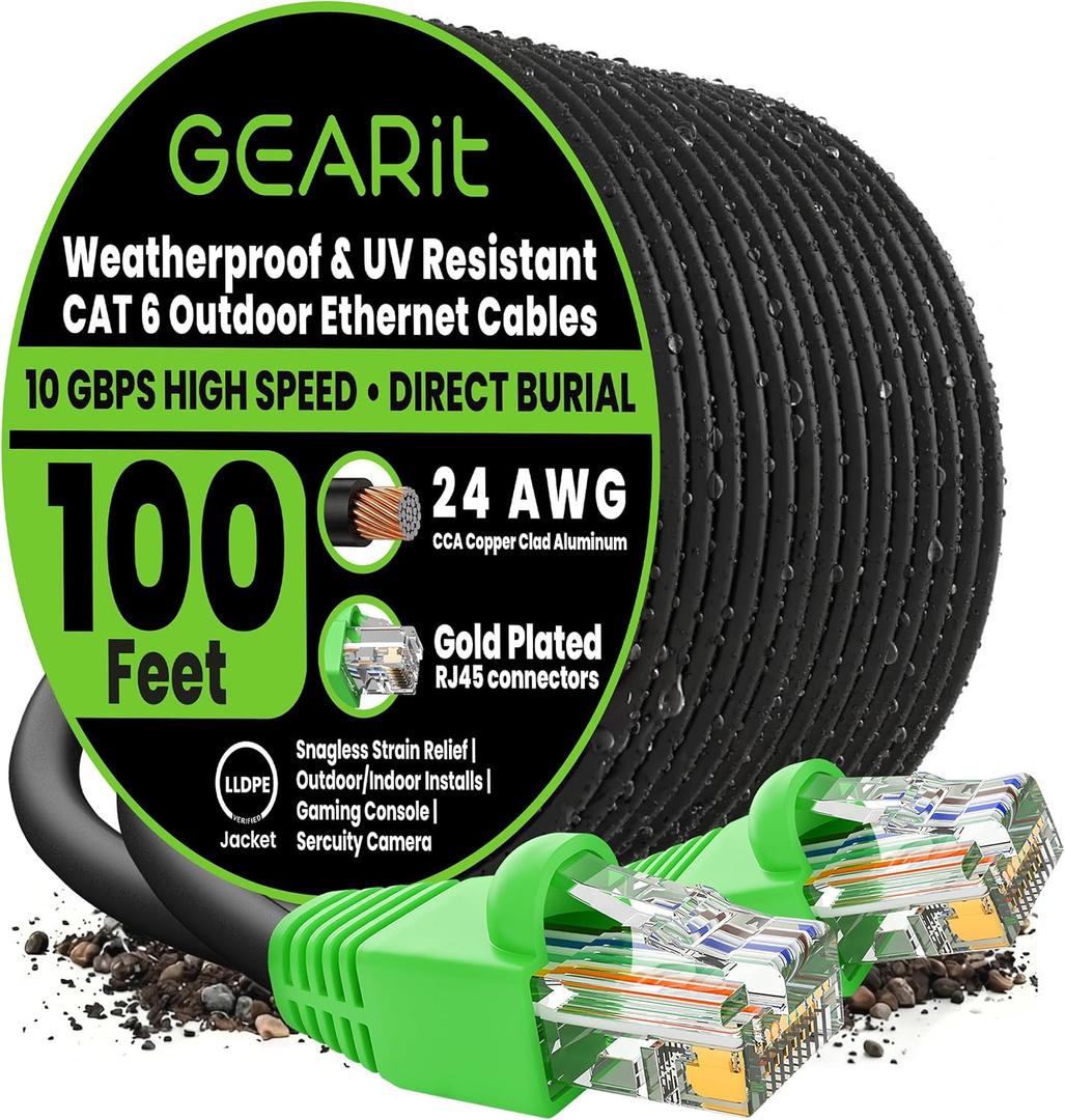 GEARit Cat6 Ethernet Cable 100ft, Direct Burial Outdoor Cat 6 Cable 24AWG High Speed Up to 10Gbps/550 MHz, LLDPE (PE) UV-Resistant Waterproof Jacket, CCA RJ45 Internet Cable for Router- Black,100FT