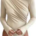 SweatyRocks Women's Bodysuit Mock Neck Casual Ruched Long Sleeve Jumpsuit (Large, Apricot)