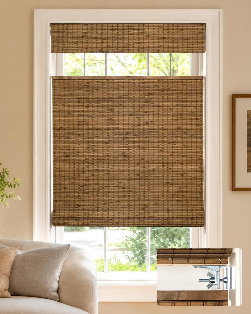 LazBlinds No Drill Bamboo Roman Shades, 35" W x 64" H, Highfield Teak | Privacy Cordless Blinds for Interior Windows, Top Down Bottom Up (TDBU) Room Darkening Roll Up Bamboo Blinds for Windows