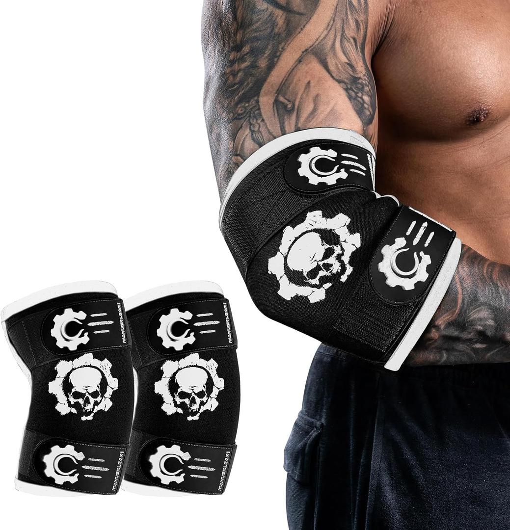 MANUEKLEAR 5mm Neoprene Weight Lifting Elbow Sleeves for Men (1 Pair), Elbow Sleeves Weightlifting Men with 2 Adjustable Compression Straps for Bench and Powerlifting & Weightlifting (XL (11-11.8in), Shiny Black)