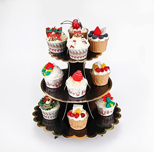 YLDW 3-Tier Cupcake Stand, Lace Trim Cake Stand Holder, Tiered DIY Cupcake Stand Tower for Dessert Table Displays, Birthday Theme Party Favors Decoration, Floral Tea Party, 12" W x 12.8" H, Black
