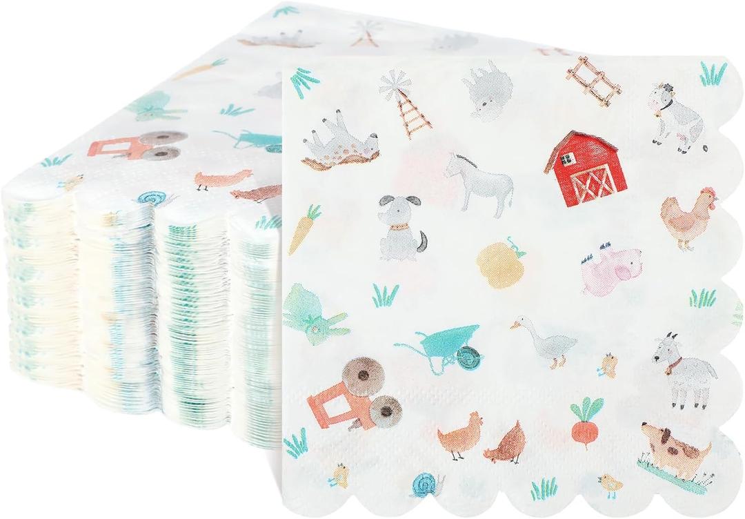 Motipuns 100 Pcs Farm Cute Cocktail Napkins 5 x 5 Inch Country 2 Ply Scalloped Edged Dessert Napkins Disposable Farm Party Decor farm party supplies for Baby Shower Wedding Birthday Party Bridal