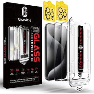 Gravit:e Screen Protector for iPhone, 9H Tempered Glass, Smart Installation Tool, Automatic Fine Dust Removal and Camera Protector 2 Pack (iPhone 15ProMax)
