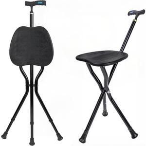 UNLICON-Brown Folding Cane Stool with Seat Lightweight Adjustable Walking Cane for Seniors, Ergonomic Design, 330 lbs Capacity, Portable and Convenient Cane Chair with Anti-Slip Feet