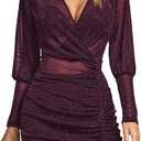 Rooscier Women's Sheer Mesh Glitter Wrap V Neck Long Sleeve Ruched Drawstring Bodycon Mini Dress purple Small