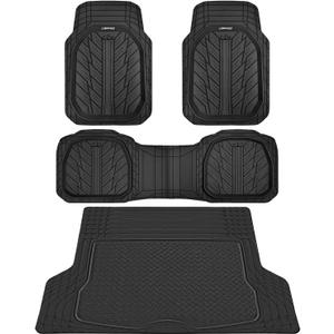 CAR PASS Deep Dish Floor Mats for Cars, Heavy Duty Rubber Floor Mats with Trunk Cargo Liner, Universal Trim-to Fit Automotive Floor mats for Truck Van SUV Waterproof All Weather Car Mats Solid Black
