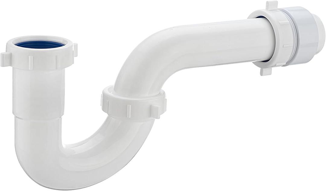 (1 Pack) Yariwiz White P Trap 1 1/2 Inch for Bathroom Kitchen Sink Drain Pipe Tubular Kit with White Threaded Adapter and Blue TPE Washer KSD-001W
