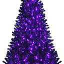 Goplus 7ft Pre-lit Black Christmas Tree, Hinged Artificial Halloween Tree w/ 500 Purple LED Lights & Metal Stand, Perfect Xmas Tree for Holiday Festival Parties