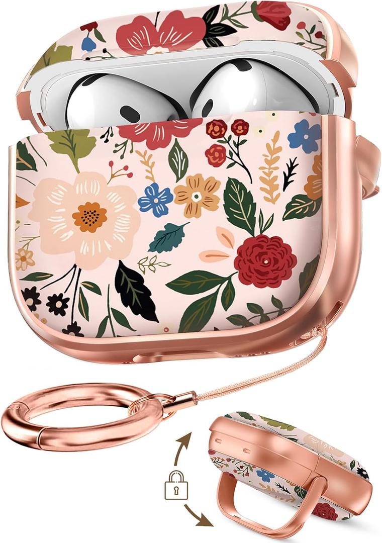 Coralogo for AirPods 4 Case with Safety Lock - Cute Cartoon for Women Girls Fashion Stylish Beige Flower Pattern Design Kawaii Girly Girlish Hard Protective Cover for AirPods 4th Generation 2024 (Flower and Floral)