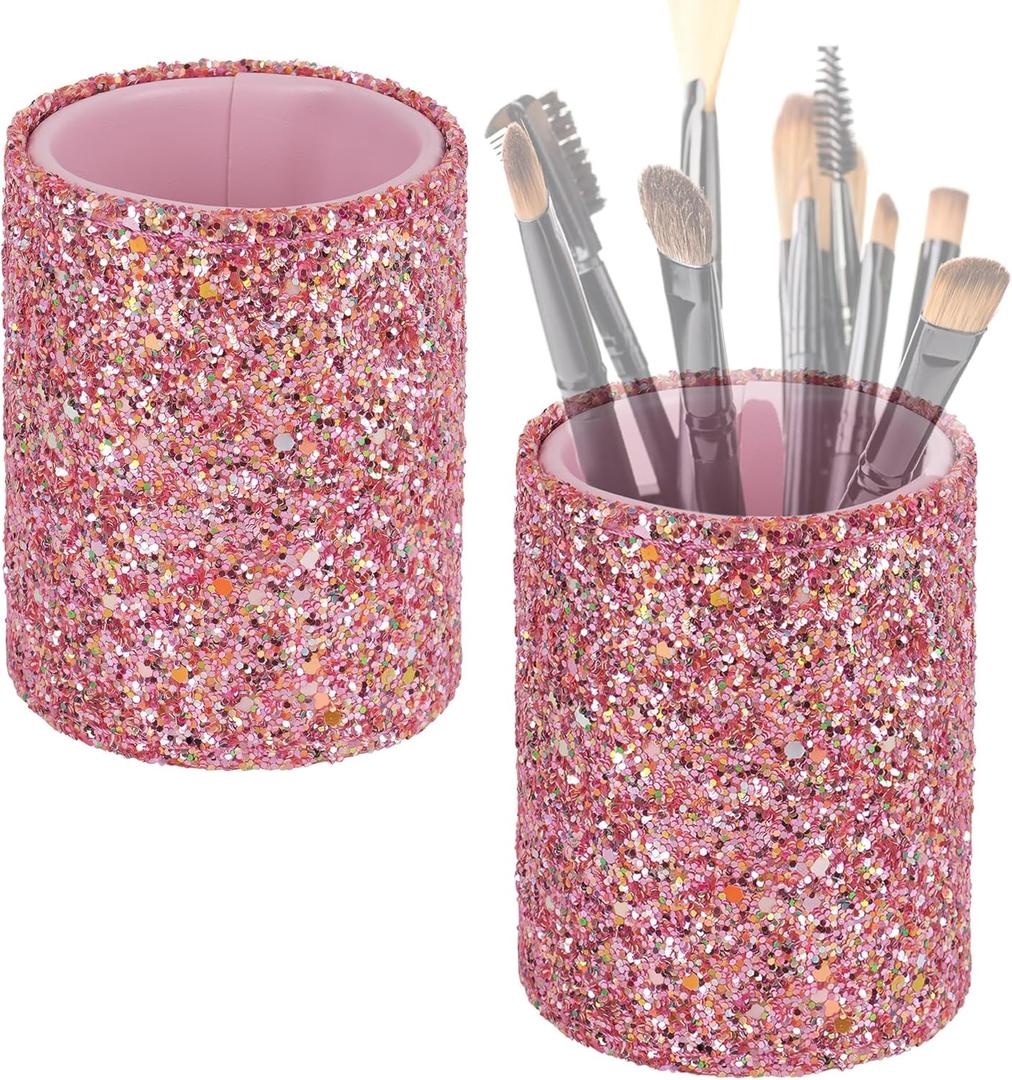 2Pcs Pink Glitter Makeup Brush Cups  Desk or Vanity Containers for Brushes, Eyebrow Pencils, Eyeliner, Lip Tools and More