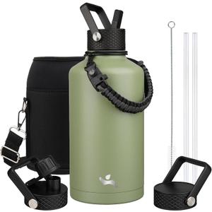 Konokyo Insulated Water Bottle with Straw,87 oz 3 Lids Water Jug with Carrying Bag,Paracord Handle,Double Wall Vacuum Stainless Steel Metal Flask,Camp Green