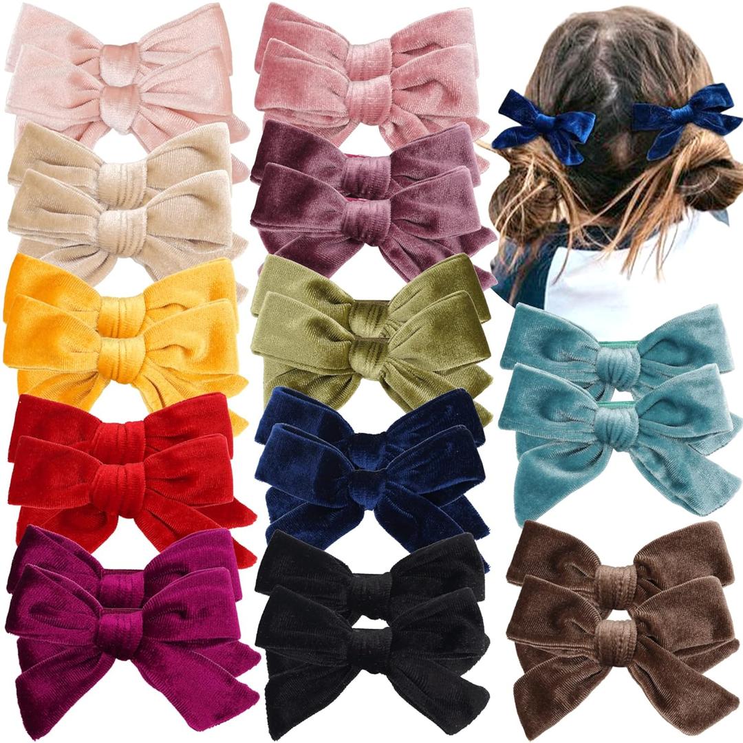 Yxiang 24PCS Velvet Hair Clips and Barrettes for Baby Girls, 4 inches Hair Bows Fully Lined Non Slip Barrettes Christmas Hair Accessories for Toddler Kid Little Girl (12 Pairs) (1 Count (Pack of 24))