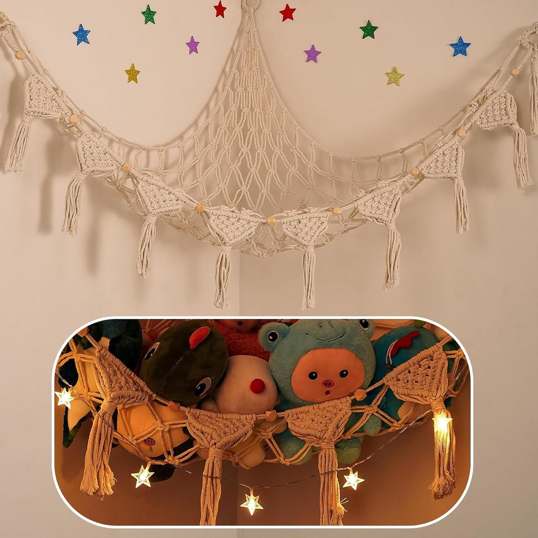 Stuffed Animals Net w/LED Star Light, 56 Inch Jumbo Toy Hammock Hanging Storage Organizer Holder Nursery Dcor for Teddy Plushie, Cream Stuffed Animals Hammock Corner for Kid Girls Boys Gift (XX-Large Wood Bead Style)