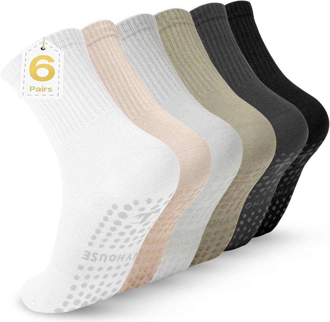 Ivyhouse Pilates Yoga Socks with Grips for Women - Crew Length Ballet Barre Socks - Sticky Workout Hospital Socks (6 Pairs (Mix C))