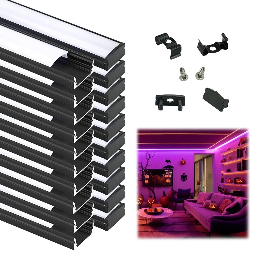 Muzata 20Pack 3.3FT/1M LED Channel Black Aluminum U Shape LED Diffuser Channel with Milky White Cover Easy Installation U1SW BW 1M
