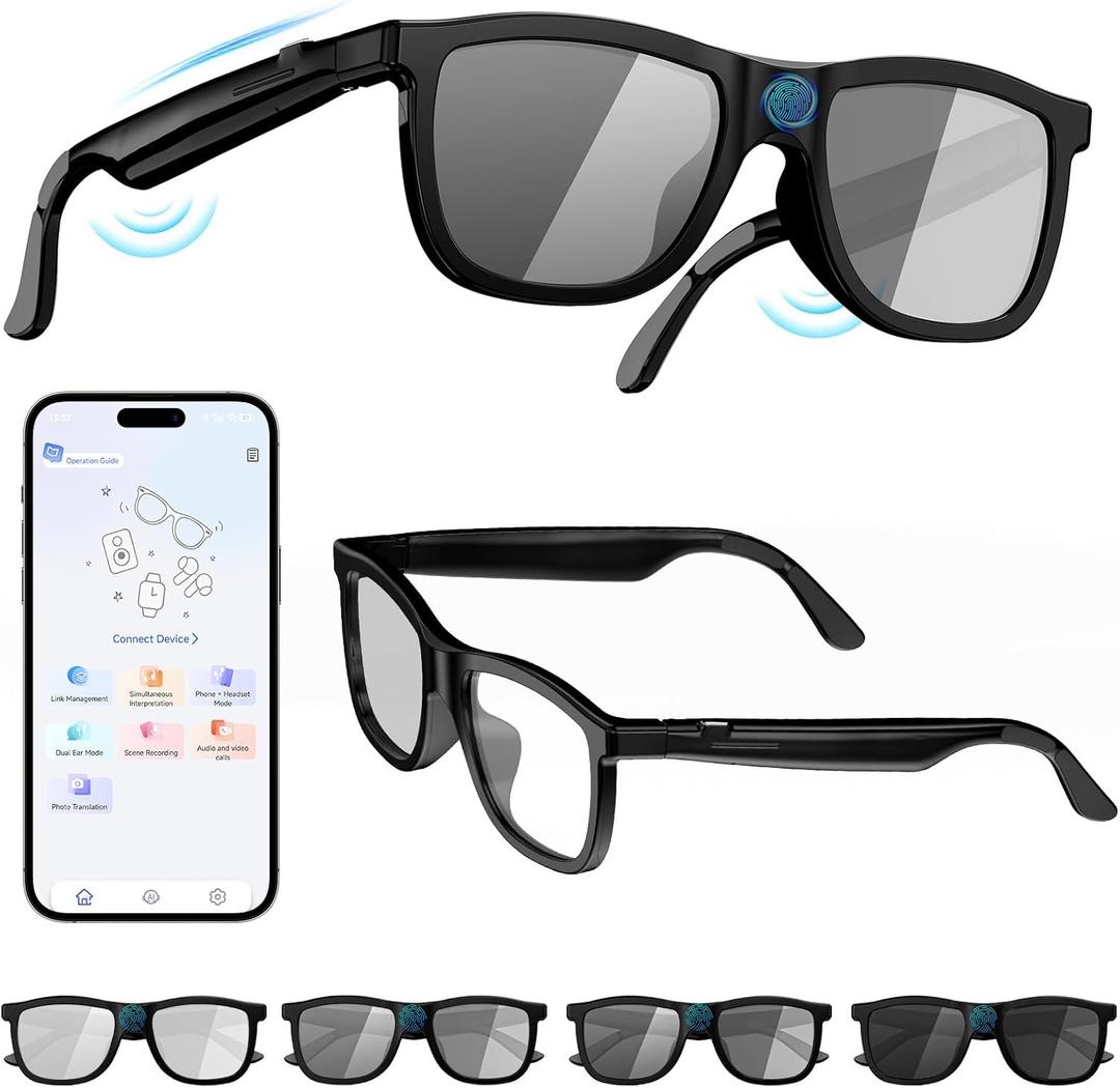 2026 Smart Audio Glasses with Electrochromic Lenses, Adjustable Tint Sunglasses for Driving,Travel,Daily Use,Open Ear Bluetooth 5.4, AI Translation, Premium Tech Gadget Gift for Men Women