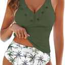 Dridreo High Waisted Tummy Control Tankini Bathing Suits for Women Swimwear Slimming Built in Bra 2026 Trendy Vneck Ruffle Crop Top Green Floral, Large 