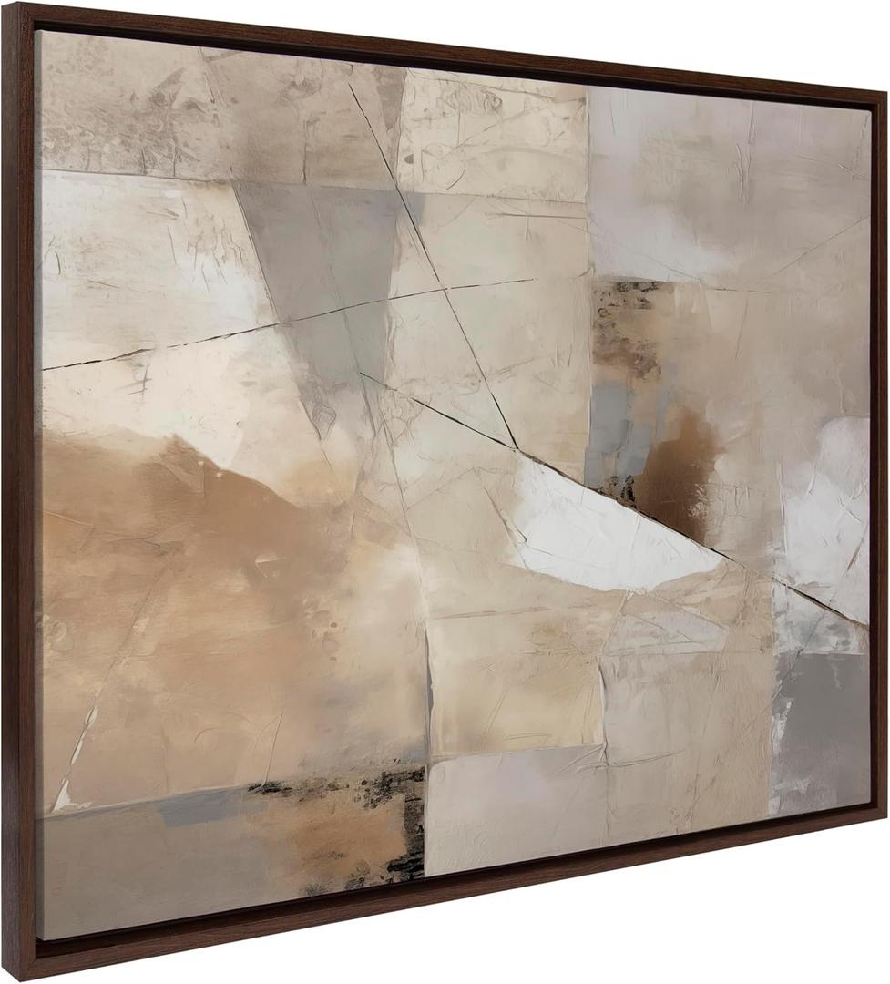 Kate and Laurel Sylvie Contemporary Neutral Textured Abstract Framed Canvas Wall Art by The Creative Bunch Studio, 31.5x41.5 Brown, Natural Modern Abstract Art for Wall