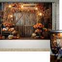 Kate 7x5ft Autumn Thanksgiving Farm Pumpkin Lanterns Decoration Photography Backdrops Rustic Wooden Door Fall Yellow Flowers Leaves Pumpkin Harvest Photo Background Shooting