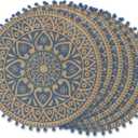DII Woven Tabletop Collection Natural Jute, Placemat Set, 15" Round, French Blue Block Print, 6 Piece