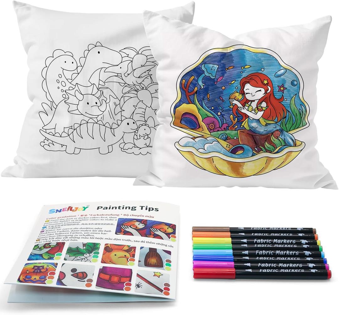 SNEILJOY Kids Fabric Art Kit with 2 Pillowcases (Dinosaur & Mermaid) & 8 Non-Fading Markers, 15.5x15.5 in, Birthday Gifts for 6 Year Old Boys and Girls