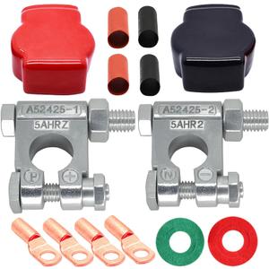 DLronwey Battery Terminal Connectors,Military Spec Positive Negative Heavy Duty Battery Terminals with 4 pcs 2 Gauge 3/8" Copper Lugs,4 Heatshrink,2 Cover and Anti Corrosion Washers