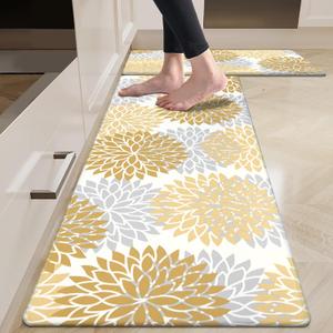 HEBE Anti Fatigue Kitchen Rug Sets 2 Piece Non Slip Kitchen Mats for Floor Cushioned Kitchen Rugs and Mats Waterproof Comfort Standing Mat Runner for Kitchen, Home Office, Sink, Laundry (17.3"x48"+17.3"x28"-0.4"Th, Yellow)