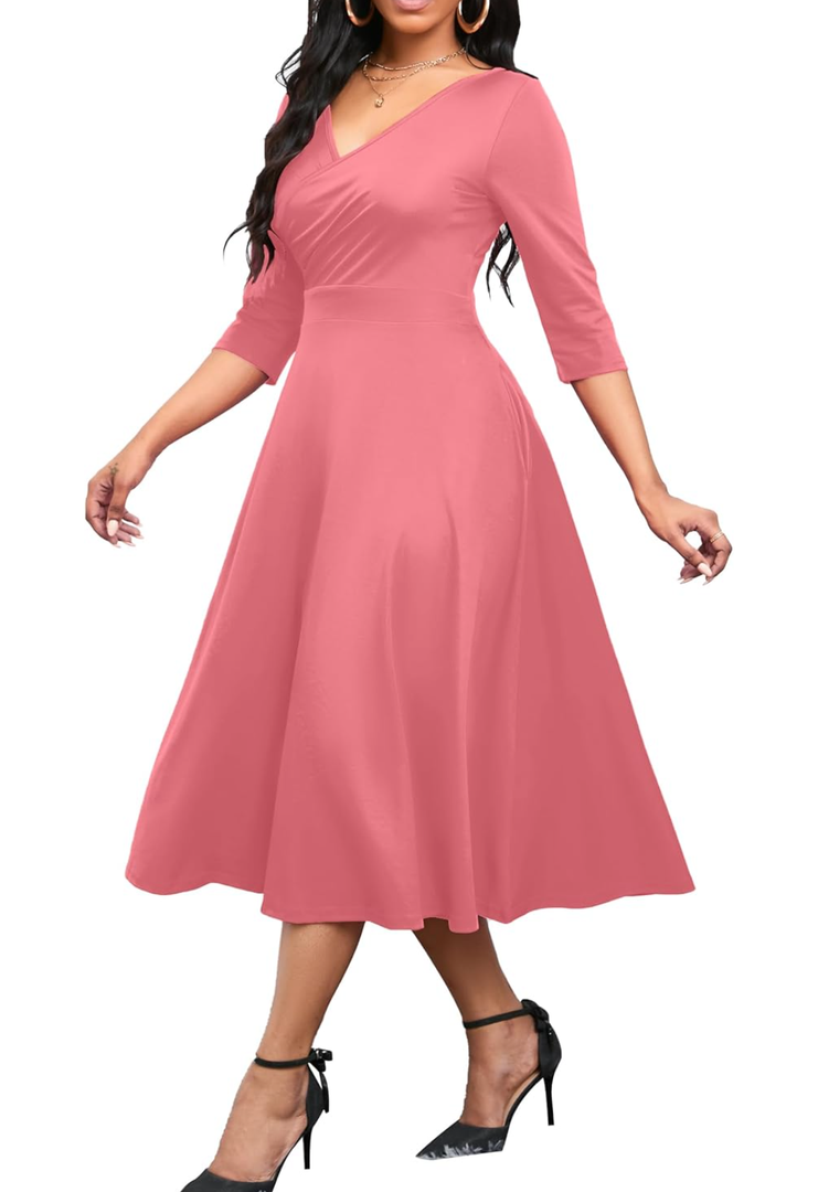 Nmoder Women's Casual Wrap Flared Midi Dress Wedding Guest Cocktail Tea Dresses A-Line Swing V-Neck 3/4 Sleeve XL Pink