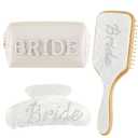3 Pcs Bride to Be Gift Set Bride Makeup Bag Hair Brush Claw Hair Clip for Wedding Engagement Gift Bridal Shower Bachelorette Party Accessories