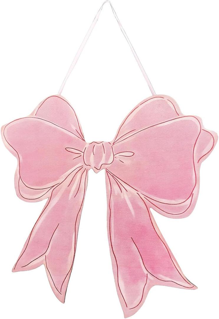 Pink Bow Wooden Hanging Sign for Girls Room - Cute Bow Decor with Ribbon for Door Wall Bedroom - Preppy Coquette Girly Decor for Dorm Nursery Bathroom Apartment - Housewarming Gift for Her