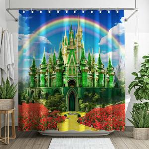 Yriujul Green Castle Shower Curtain for Bathroom Yellow Brick Road Rainbow Sky Wonderland Floral Home Decorations Sets with 12 Hooks Waterproof Polyester 72" x 72"