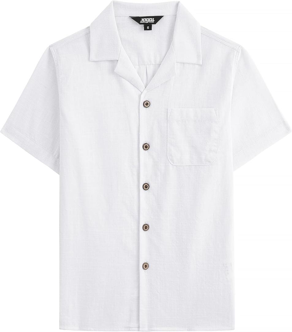 JOGAL Boys Chambray Button Down Shirts Short Sleeve Casual Cuban Shirt Summer Beach Shirts with Pocket for Kids 12 Years (White)
