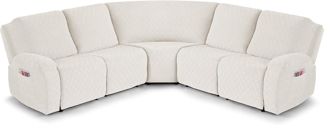 VANSOFY Extra Large Reclining Sectional Couch Covers, Washable 5-Piece Sofa Covers for L Shape Sectional Sofa Corner Seater, Thick, Soft Sofa Slipcovers (5 Seat Recliner Cover, Off White)