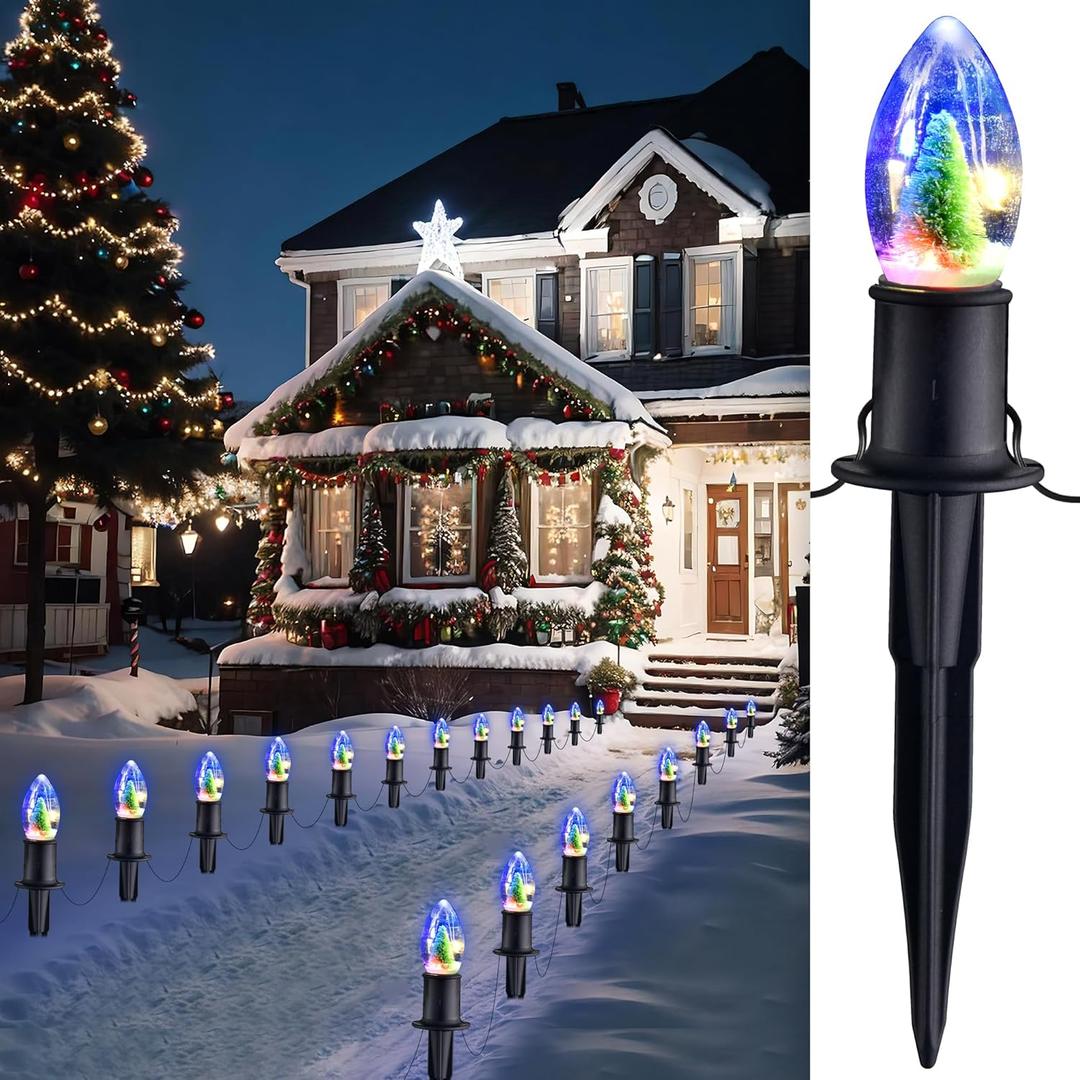 C9 Christmas Pathway Lights Outdoor - 24.2FT 20 LED Christmas Lights with Stakes, Waterproof Connectable Walkway String Lights for Outside Yard Sidewalk Driveway Christmas Decorations