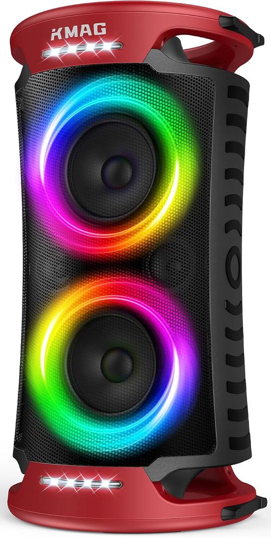 KMAG Large Party Bluetooth Speaker, 260W Peak Powerful Loud Sound with Deep Bass, 15Hr Playtime, Fast Charge, RGB Cool Light Show, TWS, Portable for Outdoor Beach, Camping, Backyard, Work, Home (Red)
