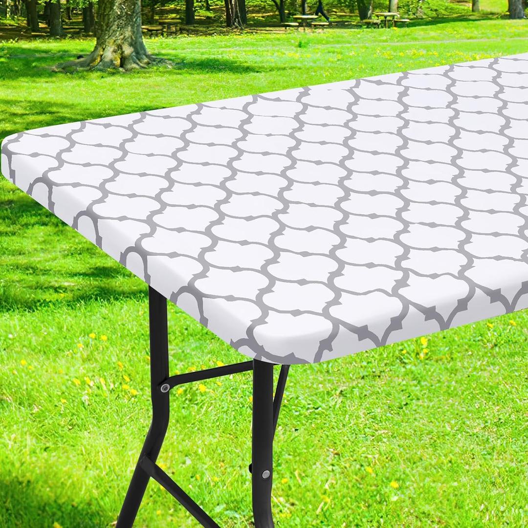 Smiry Rectangle Picnic Table Cover, Waterproof Elastic Fitted Camping Tablecloths for 6 Foot Tables, Wipeable Flannel Backed Vinyl Tablecloth Protector for Indoor, Outdoor (White, 42x72 Inches)