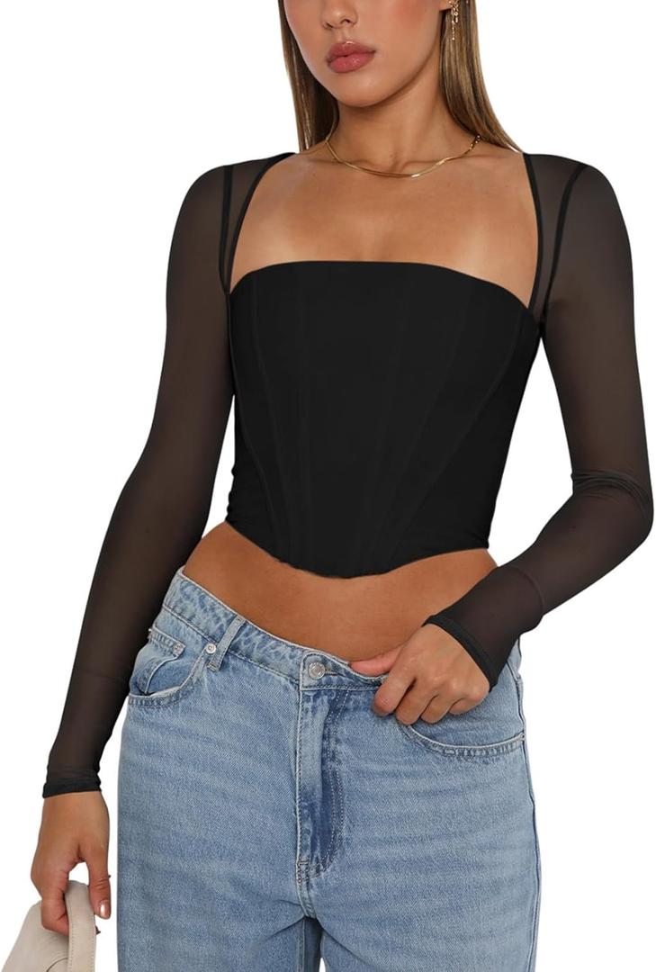 REORIA Women's Sexy Mesh Long Sleeve Boned Corset Top Trendy Y2K Square Neck Going Out Bustier Crop Tops (XX-Large, Black)