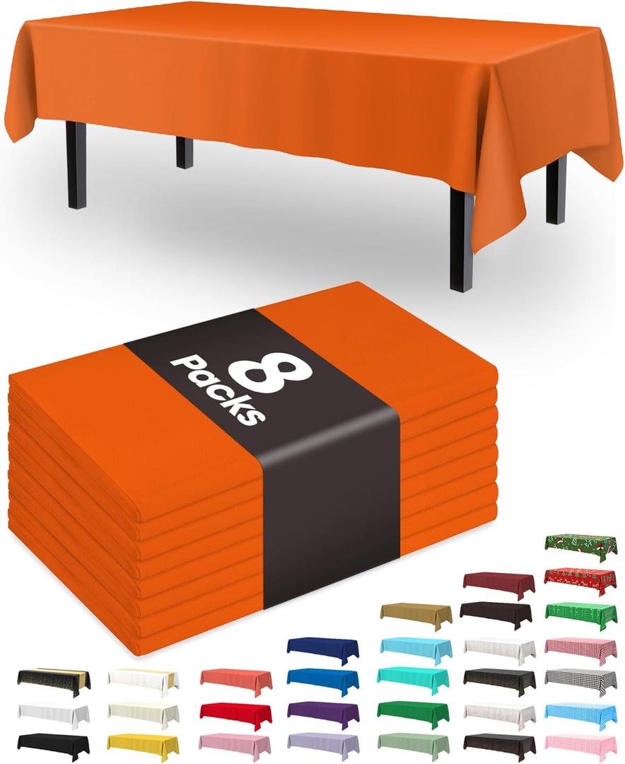 Pureegg Plastic Table Cloth Disposable 8 Pack, 54 x 108 Inch Table Cloths, Halloween Party, Thanksgiving Decorations, Harvest, Fall Tablecloths, Rectangle Tables, Leakproof & Sturdy, Orange