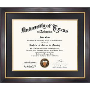 11x14 Wood Diploma Frame with Black Mat or Display 14x17 Certificates without Mat,UV Protection Acrylic,Deep Brown Finish with Gold Trim