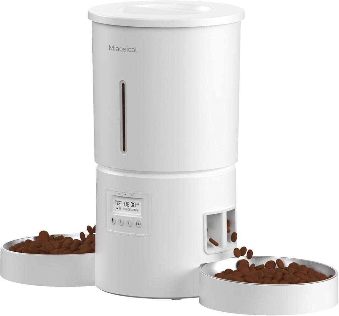 Automatic Cat Feeder for 2 Cats,6 Meals/Day,12 Portions/Meal,Dual Power Double Bowls,Dry Pet Food Autofeeder,10S Voice Record,Flexible Programmable Schedule Timer(White,Stainless Dual Bowls)