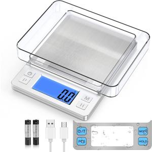 BOMATA Upgraded Small Food Scale, 0.1 g/0.001 oz High Precision, 3000 g/6.6 lb, with New Hold Function and Larger Display, USB Rechargeable, Digital Kitchen Scale for Small Item, Jewelry, Silver